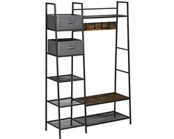 Kapstok Met Bank en Kledingrek - Verstelbare Haken, Opbergvakken en Stoffen Laden - Multifunctionele Stan