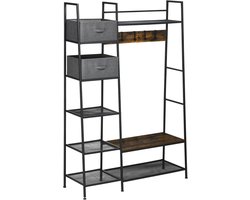 Kapstok Met Bank en Kledingrek - Verstelbare Haken, Opbergvakken en Stoffen Laden - Multifunctionele Stan