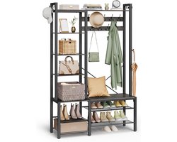 Kapstok met Bank - Entree Meubel - Organiseer Je Hal - Veel Haken en Planken - 40x120x190 cm - Grijs Zwart