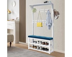 Kapstok met bank - Halmeubel opbergrek - Entree organiseren - 12 Haken draagkracht - 80/100x30x172 cm - Witblauw