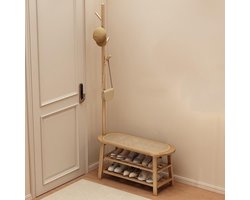 Kapstok met Bankje - Halmeubel Schoenenrek - Kleding Opbergen - Gewatteerde Linnen Zitting - 83.5x34x165 cm - Naturel
