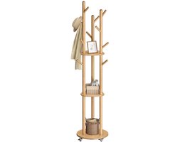 Kapstok – Met massief houten haken en 3 planken – Natuurlijke kleur – 40 cm diameter, 175 cm hoogte