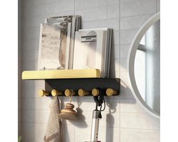 Kapstok met Plank en 6 Haken - Houten Wandhaken voor Hal, Slaapkamer of Badkamer