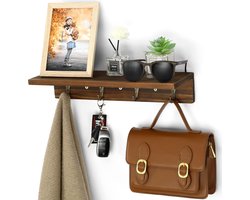 Kapstok met plank, houten haken aan de muur gemonteerd 4 vintage metaal en voor opslag, perfecte entree, woonkamer, badkamer, keuken, slaapkamer, garderobe, kleerhanger