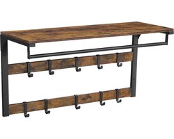 Kapstok met Plank – Wandgarderobe met 10 Haken en Kledingstang – Bruin/Zwart