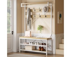 Kapstok met schoenenbankje – 101 x 40 x 182 cm – 8 haken & 3 planken – schoenenrek – Kapstok staand – houtkleur