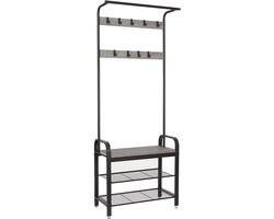 Kapstok met schoenenopbergbank en 9 afneembare haken, industrieel design voor hal - 72 x 34 x 183 cm, grijs