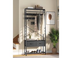 Kapstok met schoenenopslag en bank | Industriële halmeubel met 8 haken en opvouwbare laden | Stijlvol metalen frame | Zwart