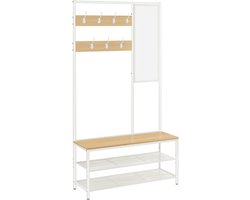 Kapstok met Schoenenrek & Bank – Inclusief Spiegel en Haken – Halmeubel Modern – 98 cm Breed – Eiken/Wit