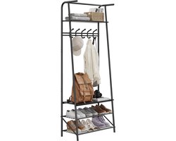 Kapstok Met Schoenenrek En Bankje, 4-In-1 Halmeubel Van Metaal En MDF Met 5 Haken En Bovenste Plank, 60 X 30 X 180 Cm, Zwart, Voor Hal En Smalle Gang