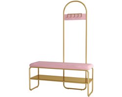 Kapstok met Schoenenrek en Zitbank 100 x 40 x 180 cm – Staande Garderobe met 5 Haken, Kledingrek, Halmeubel, Schoenenopslag, Metaal en Microvezel