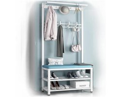 Kapstok met zitje - Halmeubel - Hal organiseren - 4-in-1 ontwerp - 80x33x170cm - Wit blauw