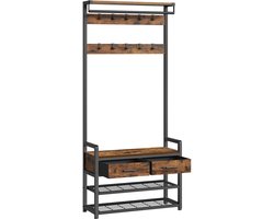 Kapstok, multifunctioneel opbergrek met schoenenrek, schoenenbank, 2 stoffen lades, 10 haken en kledingstang, stevig en duurzaam metalen frame, geschikt voor hal, gang en slaapkamer, 30 x 80,4 x 181,6 cm, bruin + zwart.