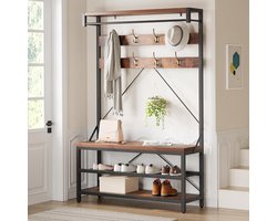 Kapstok staand, Industrieel halmeubel met bank - kapstokken met 9 haken & legplank, rustiek bruin/zwart, 101 x 40 x 182 cm - bruin