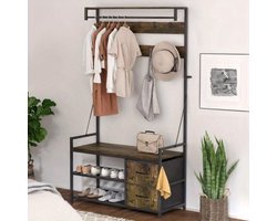 Kapstok – Staande Kapstok – Garderoberek – Kapstok Met Schoenenrek – Kapstok Met Bank – Industrieel Design – Zware Metalen Constructie – 10 Haken & 2 Stoffen Lades