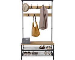 Kapstok, Staande kapstok, Schoenenrek, Kledingrek, 9 dubbele haken, Houtlook, Metaal, Industrieel, Eiken, Vintage, Hal, Slaapkamer, Woonkamer, B 100cm x L41,5 cm x H182 cm