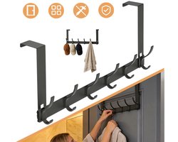 Kapstok Voor over De Deur Zonder Boren Met 6 Haken - Antislipvoering 4,6 cm Breed Moderne Matte Afwerking - Voor Studentenkamer, Huis En Badkamer - Zwart