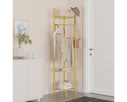 Kapstok, vrijstaand kledingrek, hoekrek garderobe met planken en haken, 44,5 x 174 cm, goud