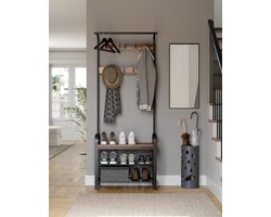 Kapstok vrijstaande haalboom, kledingstandaard met afneembare haken, bank en schoenenrek, hoogte 183 cm, staal, industrie, rustiek bruin en zwart