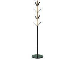 Kapstok – Zwart staal en massief hout – 8 metalen haken – Zwarte marmeren voet – 179 cm hoog, Ø37 cm – Elegant design