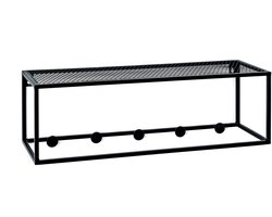 Kapstok – Zwart staal met metalen gaasplank – 5 haken – 50x16x16 cm – Industrieel en gemonteerd geleverd