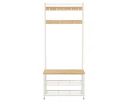 Kapstok,32 x 70 x 175cm, Wit+naturel en multifunctioneel halmeubel met schoenenbank, dubbel metalen schoenenrek en 9 afneembare haken, industrieel design, stevig metalen frame, geschikt voor gang en slaapkamer