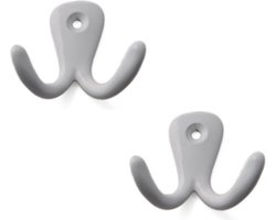 Kapstokhaken luxe - 2x - dubbele haak - aluminium - wit - 4,2 x 5,0 cm - garderobe - ophang haken - jashaken