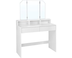 Kaptafel 100 x 40 x 142 cm Wit, Make-uptafel met Driedelige Spiegel, 3 Open Opbergvakken en 2 Laden, Make-up Tafel, Beautyt0fel met Ruime Opbergruimte, Modern Design voor Slaapkamer en Make-upruimte