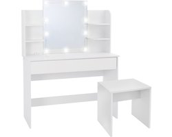 Kaptafel 108x40x140 cm in wit met spiegel, LED-verlichting, grote lade & kruk ML-Design
