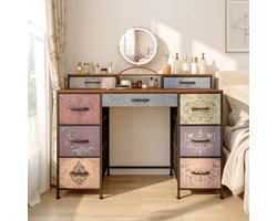 Kaptafel 121x40x91 cm met 9 lades, make-up tafel, toilettafel, slaapkamerkast, opbergruimte, vintage design, MDF, zwart metalen frame