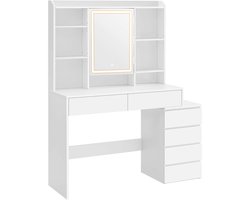 Kaptafel 40×117.5×145cm wit met verstelbare planken, dimbare LED-verlichting, spiegel, meerdere lades en open vakken grote opbergcapaciteit eenvoudig te monteren en te reinigen geschikt voor slaapkamer en kleedruimte