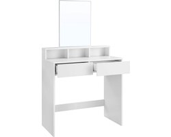 Kaptafel - Comestica Tafel - Make-Up Tafel - 2 Laden - Spiegel - Open Compartimenten - Bewerkt Hout - Wit - 80 x 40 x 140 cm