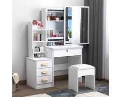 Kaptafel en make-upmeubelset met stoel (inclusief spiegel) of kaptafel met lades gemaakt van bewerkt hout geschikt voor thuisgebruik of make-upstudio's (wit, high-definition spiegel) Afmetingen 80*36*125 cm