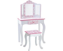 Kaptafel en Stoel Set voor Kinderen - Houten Roze/Witte Tafel make up tafel