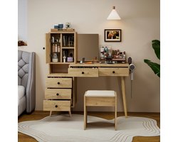 Kaptafel in Scandinavische stijl - Deze kaptafel is voorzien van een spiegel en opbergruimte, waaronder 5 lades, een bijzettafel en een krukje.