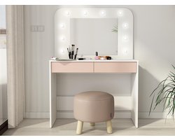 Kaptafel JOSEPHINE - Spiegel met ledverlichting en opbergruimte - Wit en roze L 100 cm x H 142 cm x D 42 cm
