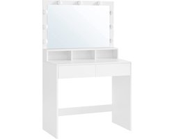 kaptafel, kaptafel, cosmeticatafel met 9 LED lampen en spiegel, instelbare lichtsterkte, 2 laden en 3 open vakken, lades, modern, wit