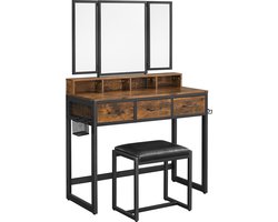 Kaptafel - Kaptafel met spiegel - Make up tafel - Inclusief kruk - 90 x 40 x 141 cm - Bruin - Zwart