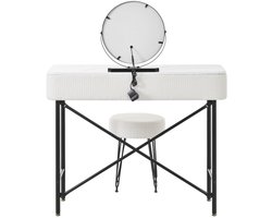 Kaptafel - Kaptafel met verlichting en kruk - Kaptafel met led-spiegel - Twee lades - Marmeren blad - Moderne kaptafel met veloursafwerking - Zwart-wit - 100 x 40 x 120 cm