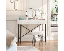 Kaptafel - Kaptafel met verlichting en kruk - Kaptafel met led-spiegel - Twee lades - Marmeren blad - Moderne kaptafel met veloursafwerking - Zwart-wit - 100 x 40 x 120 cm