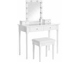 Kaptafel, Kaptafelset, Gewatteerde Kruk En 10 Dimbare Lampen, 2 Grote En 2 Kleine Lades, Transparant Tafelblad Van Gehard Glas, Cadeau-Ä°dee, Wit