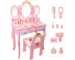 Kaptafel Kind - Kaptafel Kinderen Met Krukje En Inklapbare Spiegels - Kaptafel Voor Meisjes Met Houten Lades - Make Up Tafel Kind – Inclusief Speelset - Roze