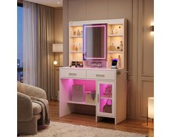 Kaptafel, LED-Verlichting en Spiegel, Moderne Kaptafel, Kaptafel LED Verlichting, Stopcontact en Föhnhouder, 2 Lades, 1 Kastje, 8 Open Planken, Geschikt Voor Dagelijkse Verzorging, Opbergruimte