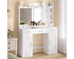 Kaptafel – Make-up Tafel – Dressingspiegel – Toilettafel – Beautymeubel – Klassiek Wit – Grote HD Spiegel – Verstelbare 3-Kleurige LED Verlichting – 5 Lades & 2 Open Vakken – 40x108x149 cm – Houten Constructie