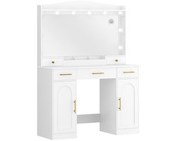 Kaptafel – Make-up Tafel – Dressoir – Toillet Tafel – Beautytafel – Grote HD Spiegel – 3-Kleurige LED Verlichting – 5 Laden & 2 Kastjes – Wit – 40x108x149 cm