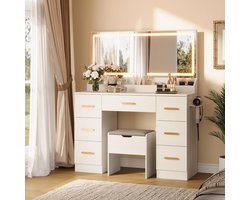 Kaptafel - Make Up Tafel - Inclusief Krukje - Groots Spiegel met LED Verlichting - Met Stopcontacten & USB-poorten - 3 Lichtkleuren - 7 Laden en 4 Opbergvakjes - Eenvoudige Montage - 138H x 116L x38B cm - Voor Slaapkamer Kleedkamer - Wit