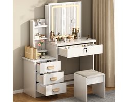 Kaptafel - Make Up Tafel - Inclusief Krukje - Met Groots LED Spiegel - 3 Lichtkleuren - 4 Lades en 6 Planken - Met Verborgen Opbergruimte - Eenvoudige Montage - 87x36x136 cm - Voor Slaapkamer Kleedkamer - Wit