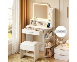 Kaptafel - Make Up Tafel - Inclusief Krukje - Met Groots LED Spiegel - Met Stopcontacten - USB & Type-C - 3 Lichtkleuren - 1 Lade en 7 Planken - Eenvoudige Montage - 139 x 68 x 36 cm (H x L x B) - Voor Slaapkamer Kleedkamer - Wit