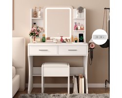 Kaptafel - Make Up Tafel - Inclusief Krukje - Met Groots LED Spiegel - Met Stopcontacten - USB & Type-C - 3 Lichtkleuren - 2 Lades en 5 Planken - 130x80x40 cm (H x L x B) - Eenvoudige Montage - Voor Slaapkamer Kleedkamer - Wit
