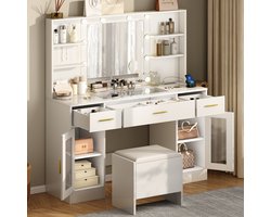 Kaptafel - Make Up Tafel - Inclusief Krukje - Met Groots Spiegel en 10 LED Lampen - Met Stopcontacten & USB-poorten - 3 Lichtkleuren - 3 Lades en 2 Kasten met 4 Planken - Eenvoudige Montage - 140H x 115B x 40D cm - Voor Slaapkamer Kleedkamer - Wit